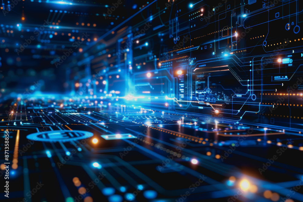 Poster cyber themed digital background with blue glowing lines and interconnected circuits