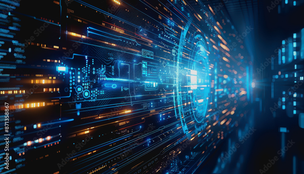 Poster cyber themed digital background with blue glowing lines and interconnected circuits