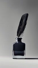 Ink bottle with black feather quill on gray background, studio shot. Classic writing and creativity concept