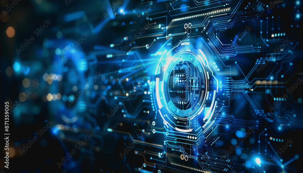 Poster digital abstract background with blue technology graphics and interconnected circuits