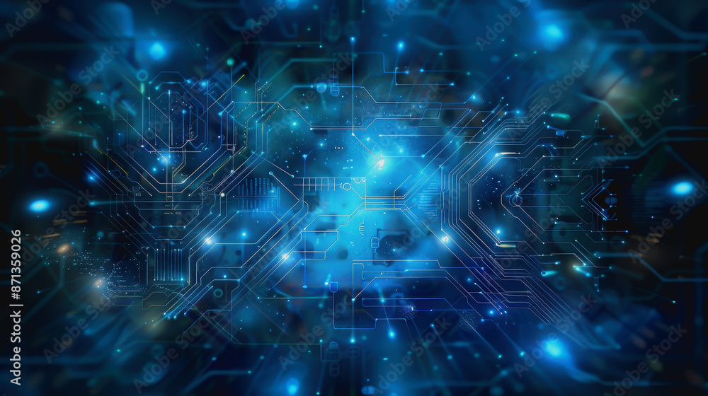 Poster digital abstract background with blue technology graphics and interconnected circuits