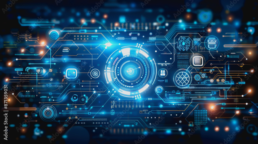 Poster digital abstract background with blue technology graphics and interconnected circuits