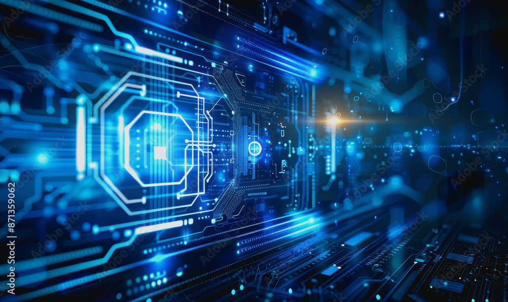 Poster digital abstract background with blue technology graphics and interconnected circuits