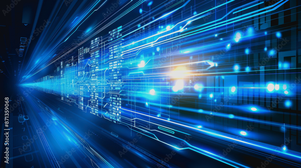 Poster digital abstract background with blue technology graphics and interconnected circuits