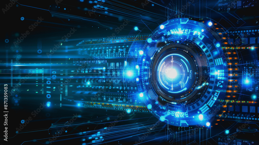 Poster digital abstract background with blue technology graphics and interconnected circuits