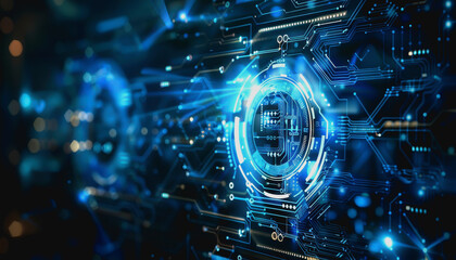 Obraz premium Digital abstract background with blue technology graphics and interconnected circuits