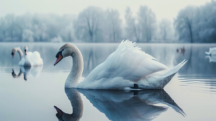 Obraz premium The elegant swan gracefully swims in the tranquil pond, AI Generative