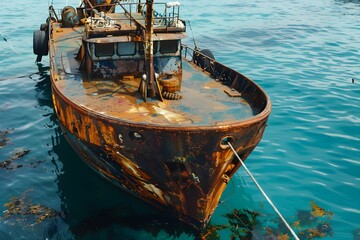 A large ship is in the ocean with a cloudy sky in the background. The ship is the main focus of the image, and it is a cargo ship. The cloudy sky adds a sense of depth and atmosphere to the scene.