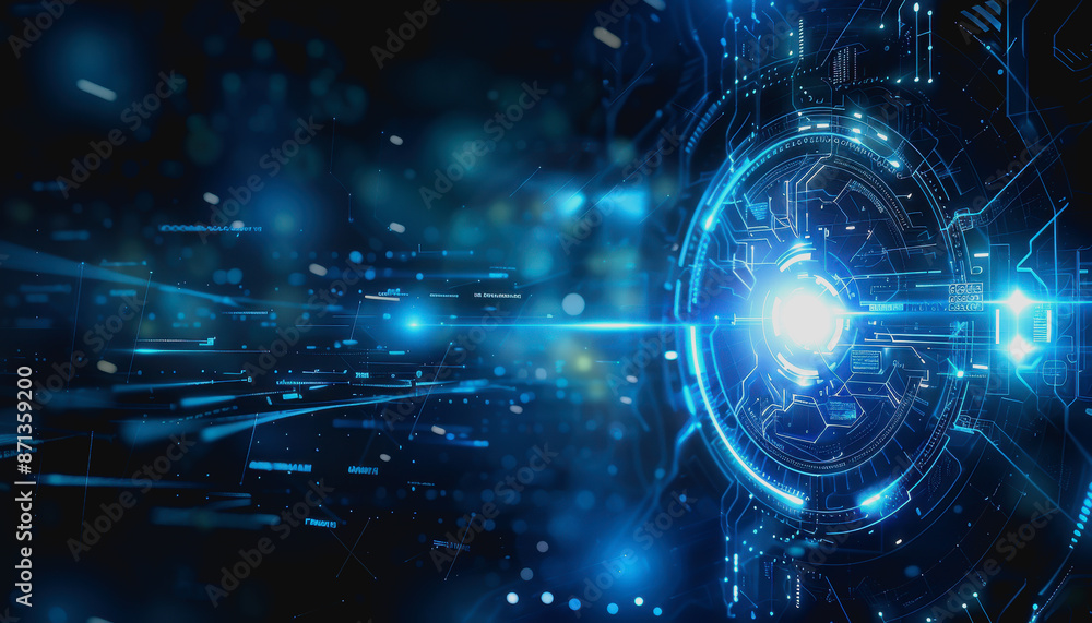 Poster digital abstract background with blue technology graphics and interconnected circuits