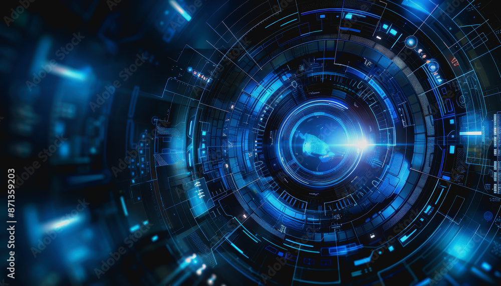 Poster digital abstract background with blue technology graphics and interconnected circuits