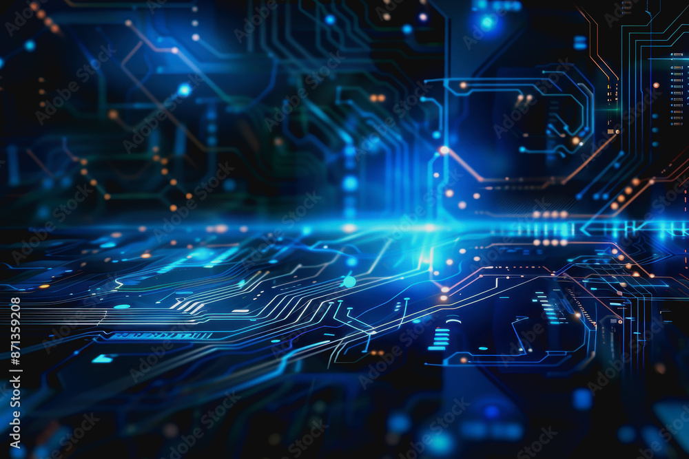 Poster digital abstract background with blue technology graphics and interconnected circuits