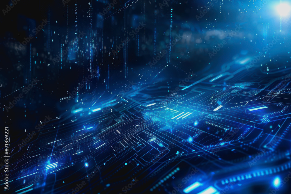 Poster digital abstract background with blue technology graphics and interconnected circuits
