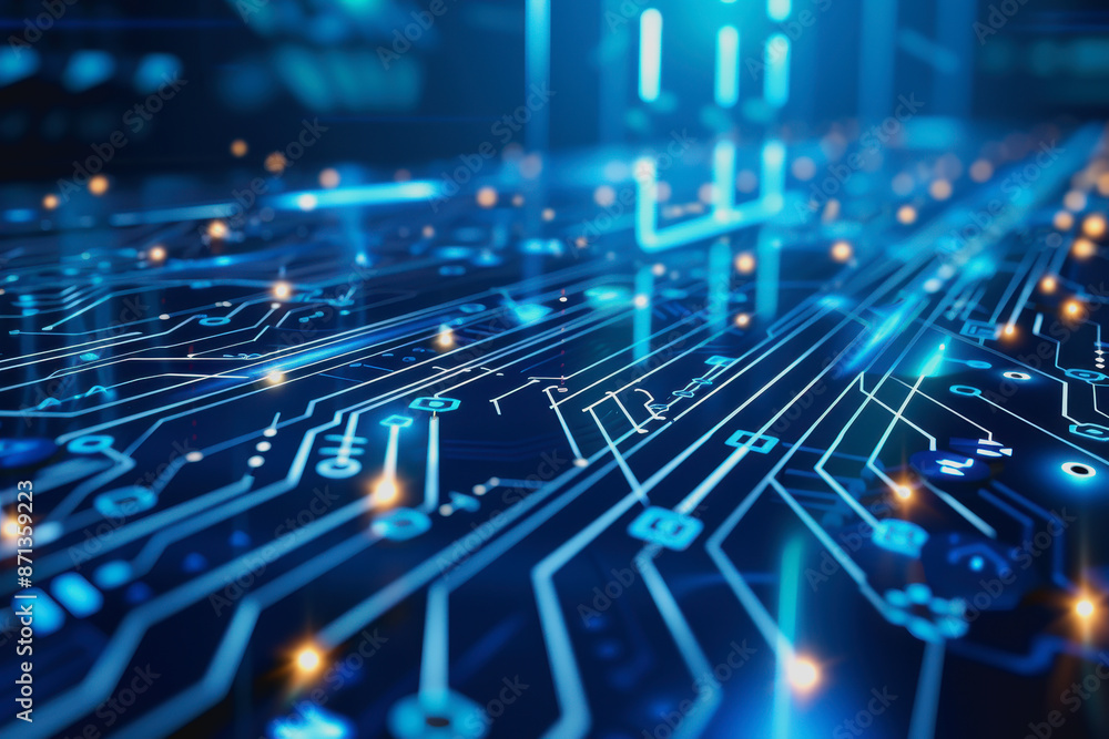 Poster digital abstract background with blue technology graphics and interconnected circuits