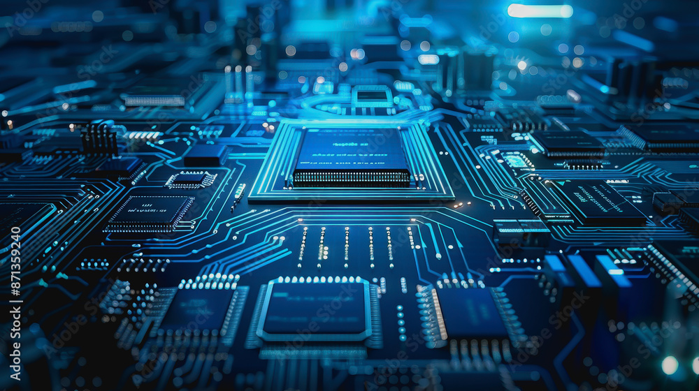 Poster digital abstract background with blue technology graphics and interconnected circuits