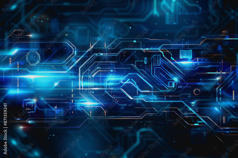 Poster digital abstract background with blue technology graphics and interconnected circuits