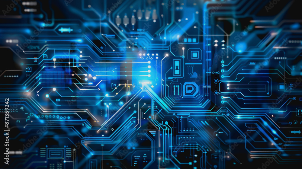 Poster digital abstract background with blue technology graphics and interconnected circuits