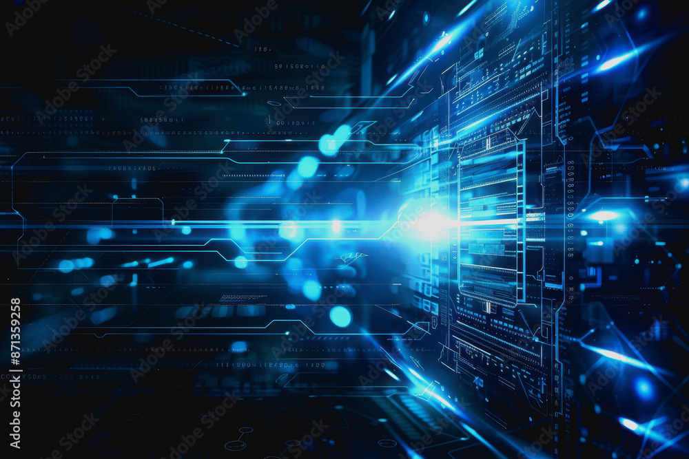 Poster digital abstract background with blue technology graphics and interconnected circuits