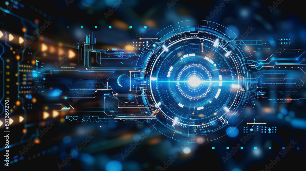 Poster digital abstract background with blue technology graphics and interconnected circuits