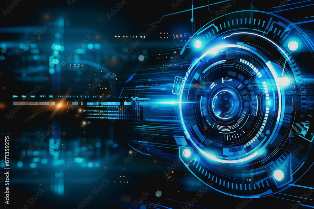 Poster digital abstract background with blue technology graphics and interconnected circuits