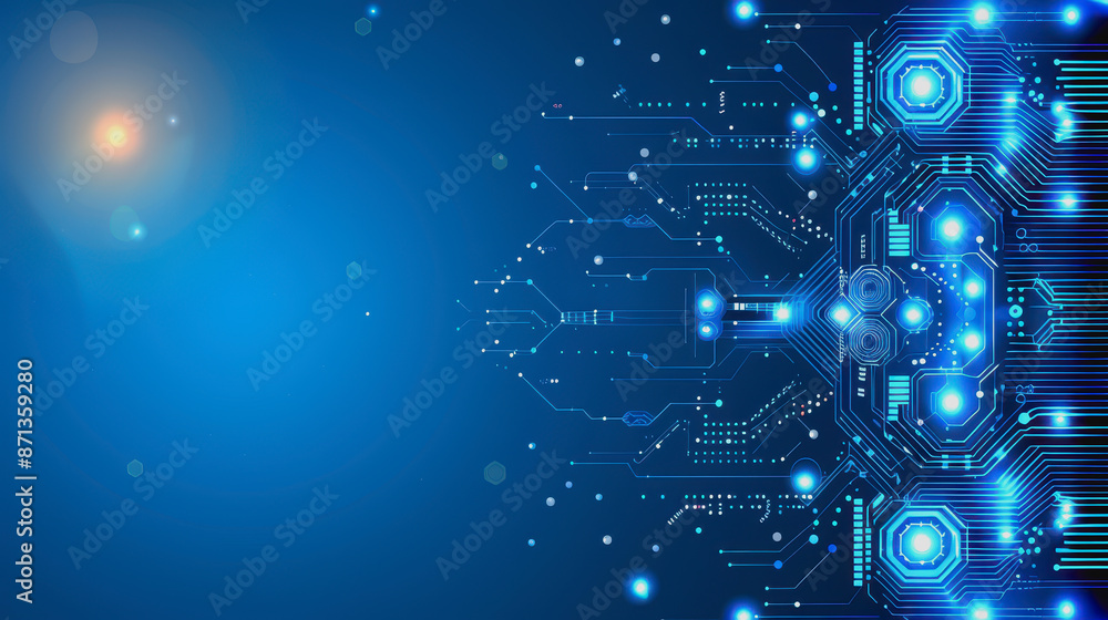 Poster digital abstract background with blue technology graphics and interconnected circuits