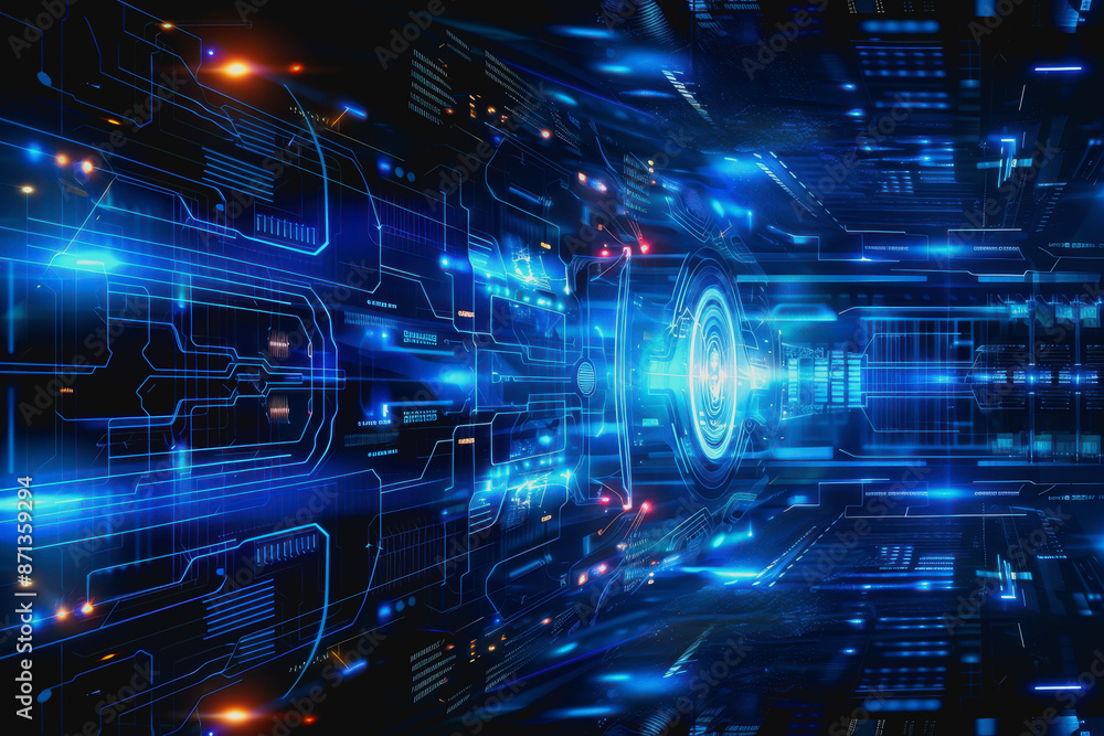 Poster cyber themed digital background with blue glowing lines and interconnected circuits.