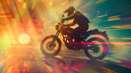 Contemporary Adventure Bike Pattern in Vibrant Colors - Abstract Over-the-Shoulder View with Lens Flare