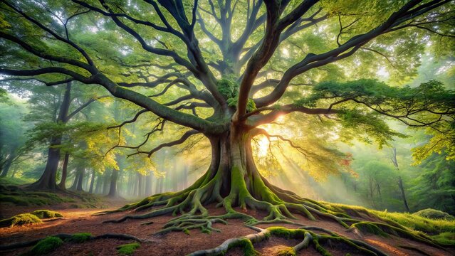 Majestic ancient deciduous tree with sprawling roots and twisted branches stands alone amidst vibrant greenery in a misty forest landscape.