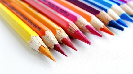 Fototapeta premium Close-up view of colorful pencils arranged in a row, showcasing vibrant colors and sharp tips on a white background. Perfect for art and creativity.
