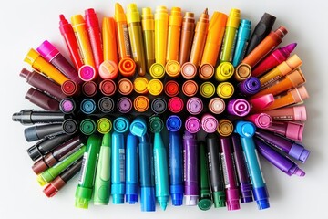 Fototapeta premium Colorful markers arranged in a beautiful spectrum on a white background, showcasing a vibrant assortment of art supplies for creative projects.