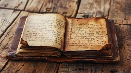 Obraz premium A vintage open book with handwritten text on a rustic wooden table, evoking nostalgia and history, perfect for literary or historical themes.