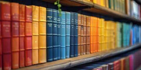 Fototapeta premium Vibrant Book Collection Adorning Library Shelves, Close-Up