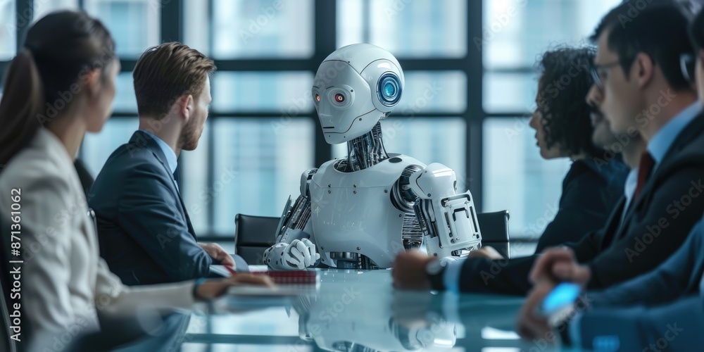 Poster in a corporate setting, a robot joins two executives in a meeting discussing artificial intelligence