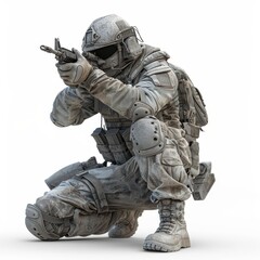 Fototapeta premium A soldier is crouching down and holding a gun