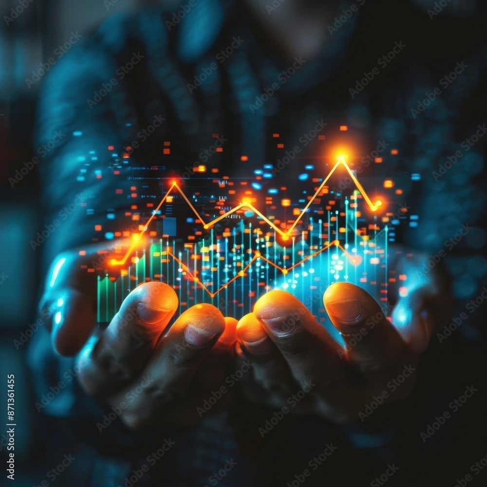 Poster a person is holding a hand up to a screen that shows a graph with a line going u