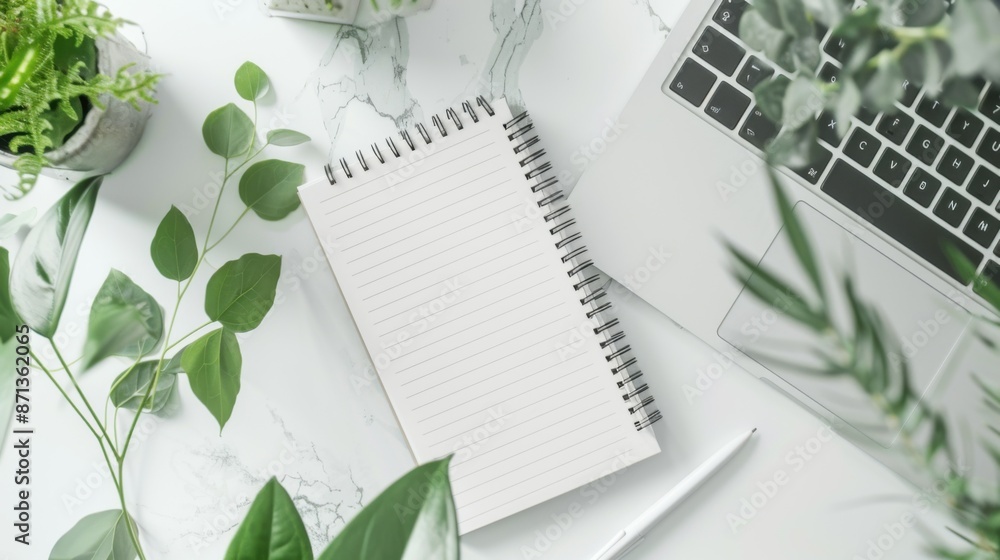 Aufkleber minimalist workspace: clean desk with single notebook for modern productivity