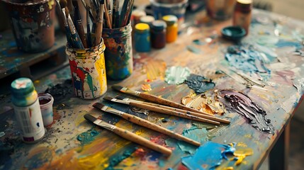 An art classroom table with paints, brushes, and unfinished canvases