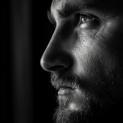 Dramatic side-lit portrait of a man's head, set against a deep, dark background for a striking visual.