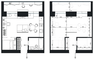 Architectural measuring plan of apartment and floor plan of arrangement of furniture (view from above). Vector interior house in top view