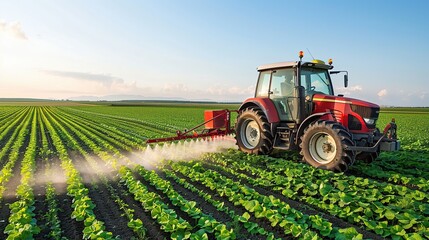 Fototapeta premium Red Tractor Spraying Crops in a Lush Field