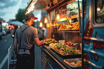 Obraz premium Delicious street food at a city festival, selling a variety of delicacies on handy mobile food trucks