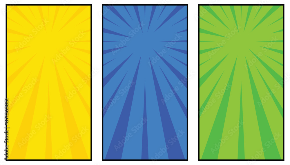 Poster Three color comic style vertical banners set design. abstract exploding rays style empty vertical banners set
