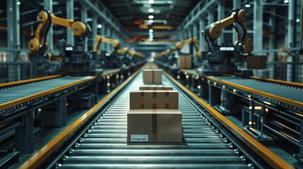 Fototapeta premium Realistic Symmetric Photo of Conveyor Belt with Metallic Robot Arms Working in Sequence on Cardboard Boxes, Symbolizing Advanced Automation in Industrial Manufacturing