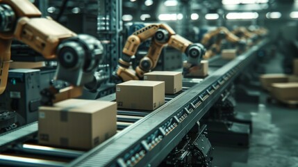 Fototapeta premium Realistic Symmetric Photo of Conveyor Belt with Metallic Robot Arms Working in Sequence on Cardboard Boxes, Symbolizing Advanced Automation in Industrial Manufacturing