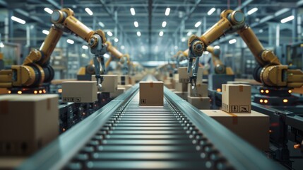 Realistic Symmetric Photo of Conveyor Belt with Metallic Robot Arms Working in Sequence on Cardboard Boxes, Symbolizing Advanced Automation in Industrial Manufacturing