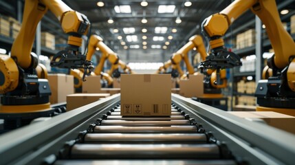 Realistic Symmetric Photo of Conveyor Belt with Metallic Robot Arms Working in Sequence on Cardboard Boxes, Symbolizing Advanced Automation in Industrial Manufacturing