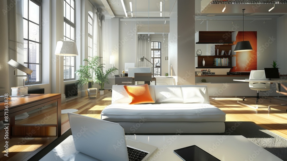 Poster efficient contemporary workspace: laptop on clean desk in modern office setting for maximum producti