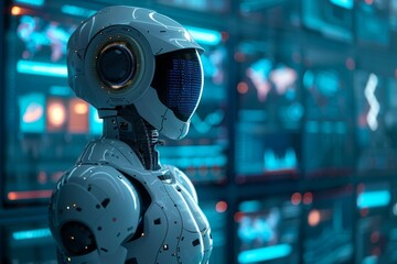 Fototapeta premium Future healthcare concept: humanoid medical robot analyzing virtual chart, advanced medical technology, artificial intelligence development