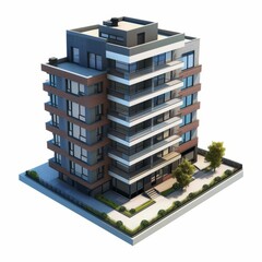 3D Render, Low Poly style of a sleek apartment building, on isolated white background, Generative AI