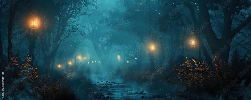Poster mystical forest pathway illuminated by glowing lanterns in the foggy night, creating an enchanting a