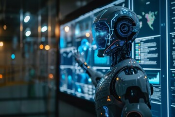 Fototapeta premium Future healthcare concept: humanoid medical robot analyzing virtual chart, advanced medical technology, artificial intelligence development